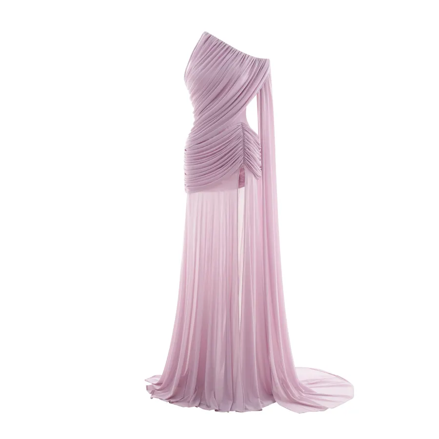 Asymmetric Ruched Mesh Dress in Lavender