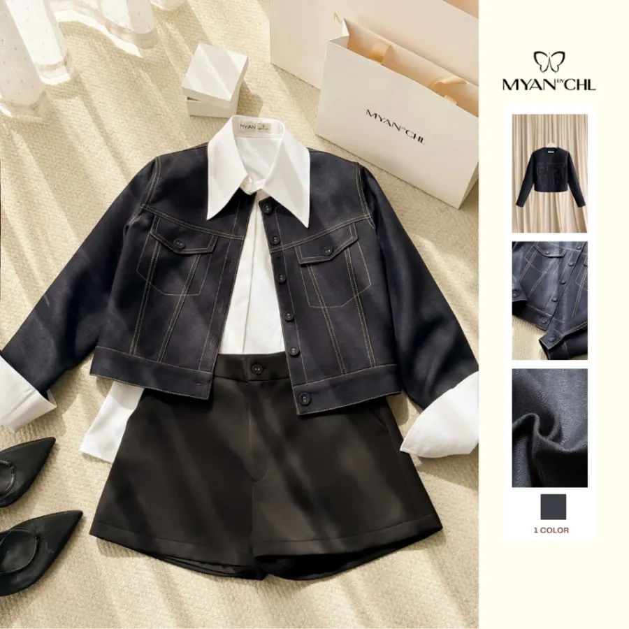 Decorative Long-Sleeved Faux Denim Jacket — original MYAN by CHL photograph 1