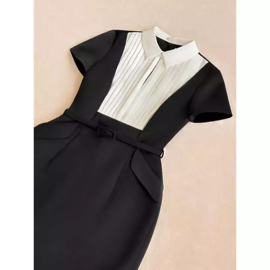 Silk-Taffeta Pencil Dress with Pleated Bodice in Black
