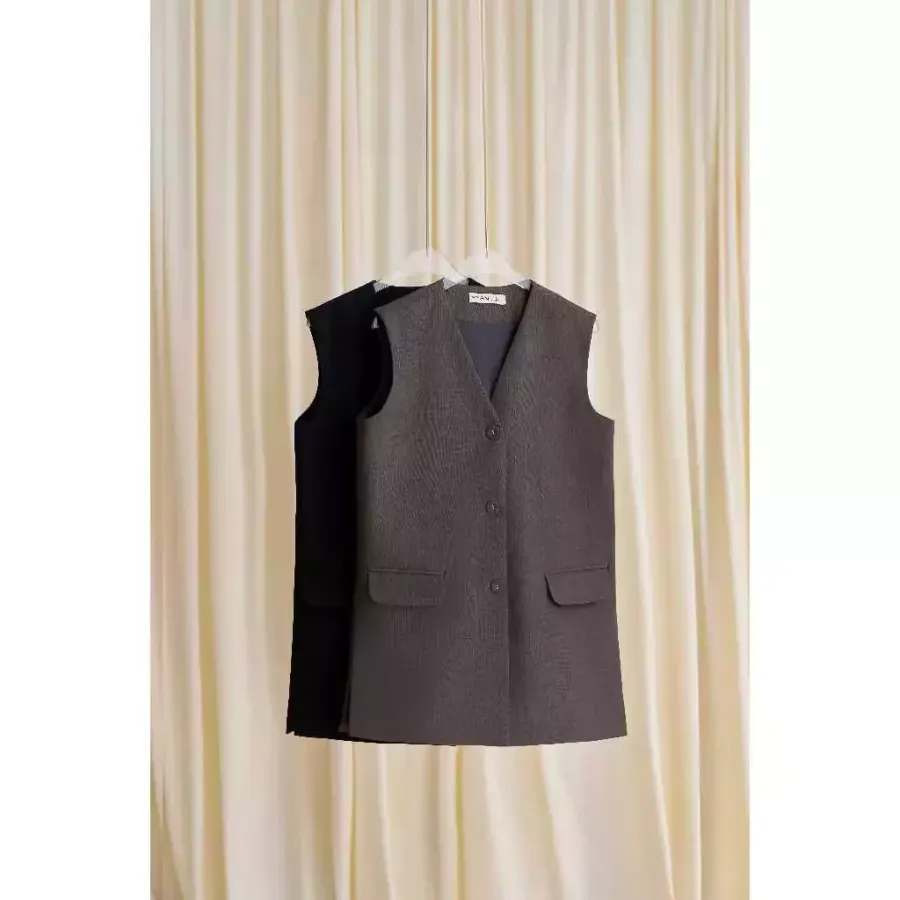 Long Tailored Vest with Statement Buttons in Black