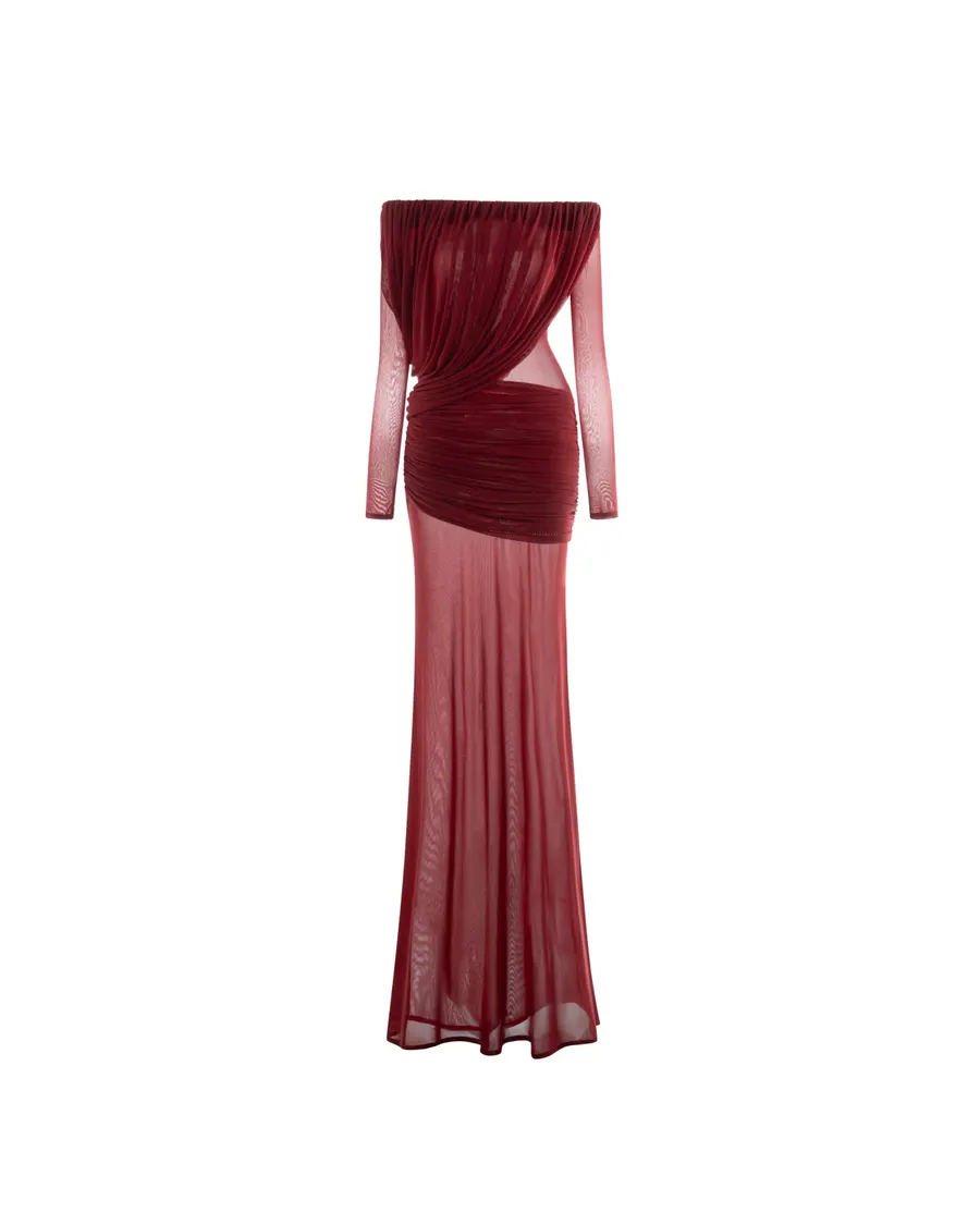 Off-Shoulder Draped Mesh Dress — original MOLLYNISTA photograph 1