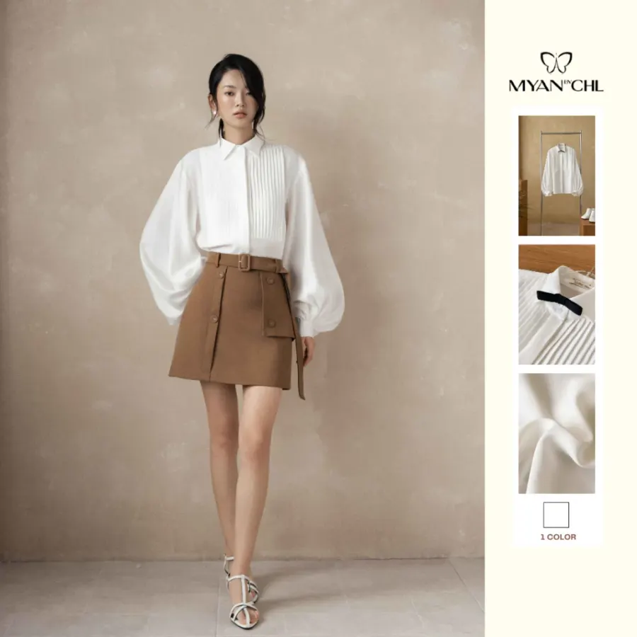 Puff-Sleeve Bow-Neck Shirt in White
