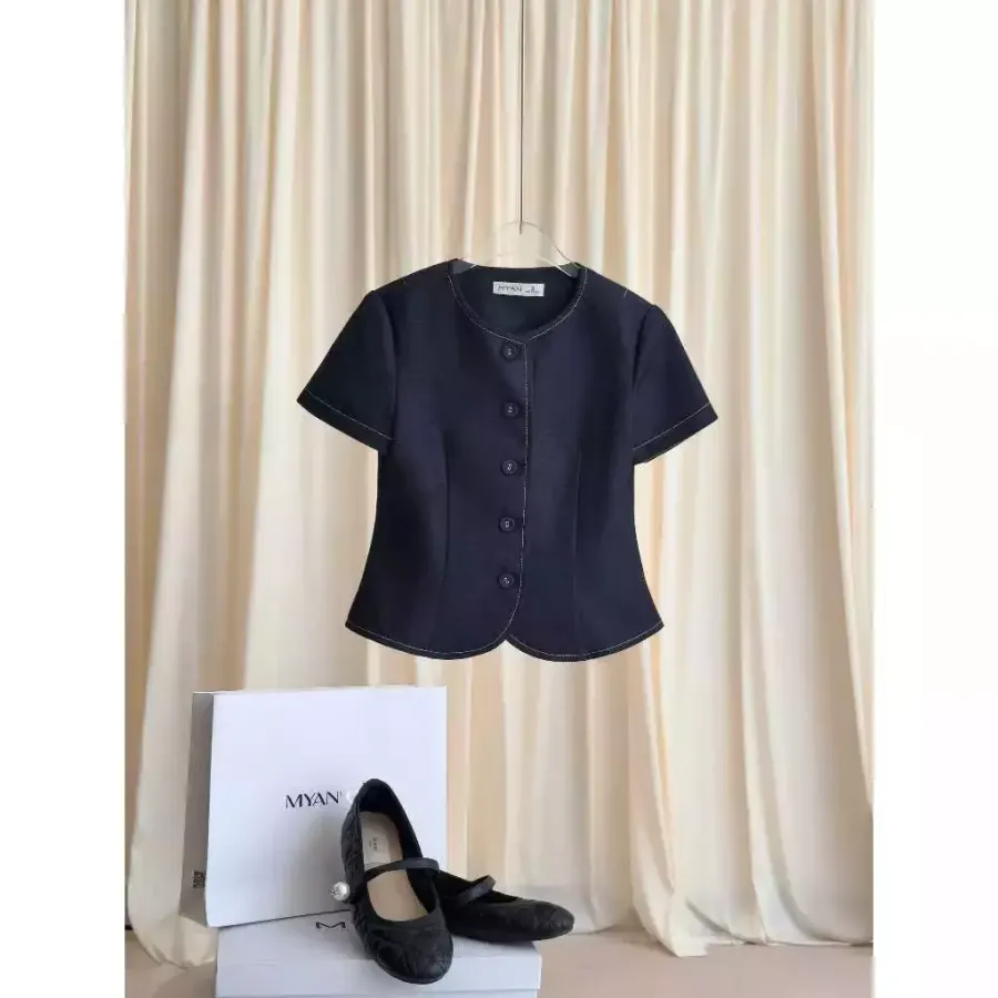 Fitted Short-Sleeve Faux-Denim Shirt in Blue