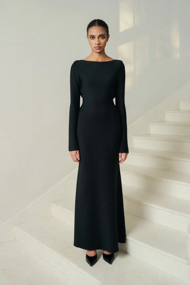 Mollya Backless Draped Black Dress in Black — original WHITE ANT photograph