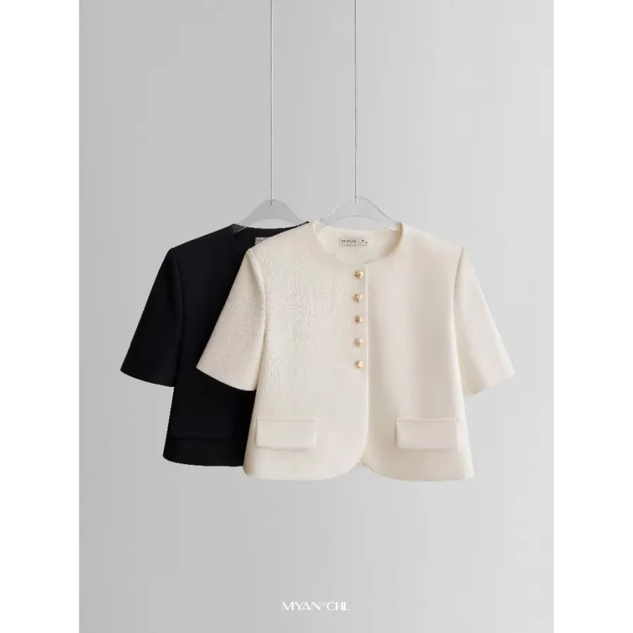 Short-Sleeve Button Jacket in Black