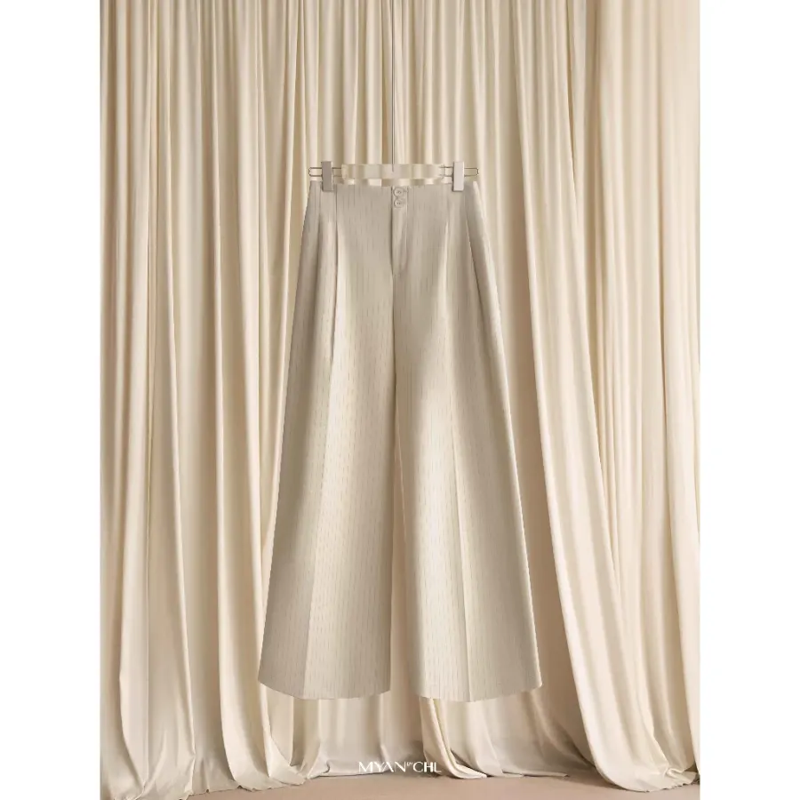 Wide-Leg Trousers with Two-Button Waistband in Cream