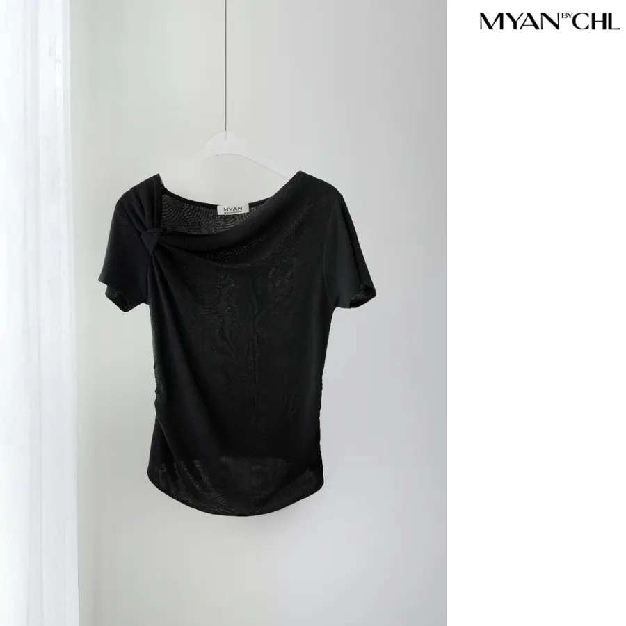 Bow-Shoulder Ruched-Side Top in Black