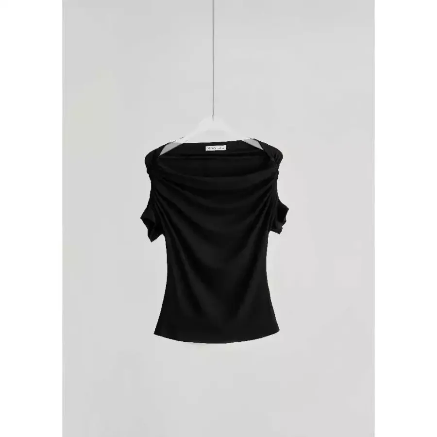 Ruched Off-Shoulder T-Shirt in Black