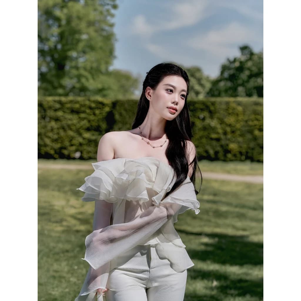 VEO'S Magnolia cream off-shoulder ruffle top — original supplier photograph 1