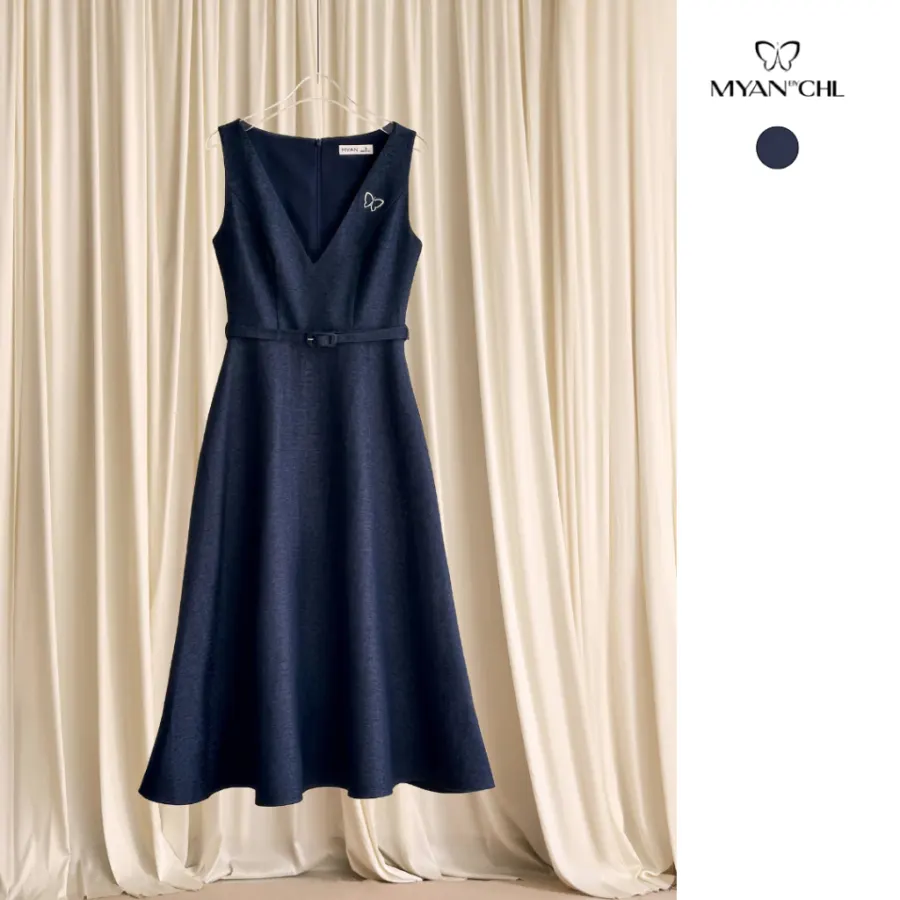 Long Faux-Denim V-Neck Pinafore Dress in Blue