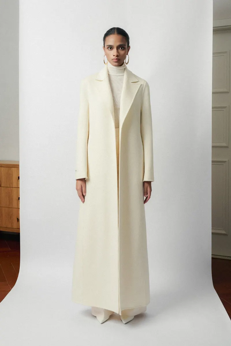 Tiff Emb Cashmere-Blend Long Coat in White — original WHITE ANT photograph