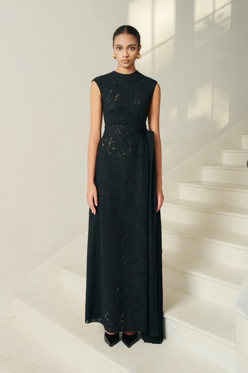 Nella Embroidered Lace Draped Midi Black Dress in Black — original WHITE ANT photograph