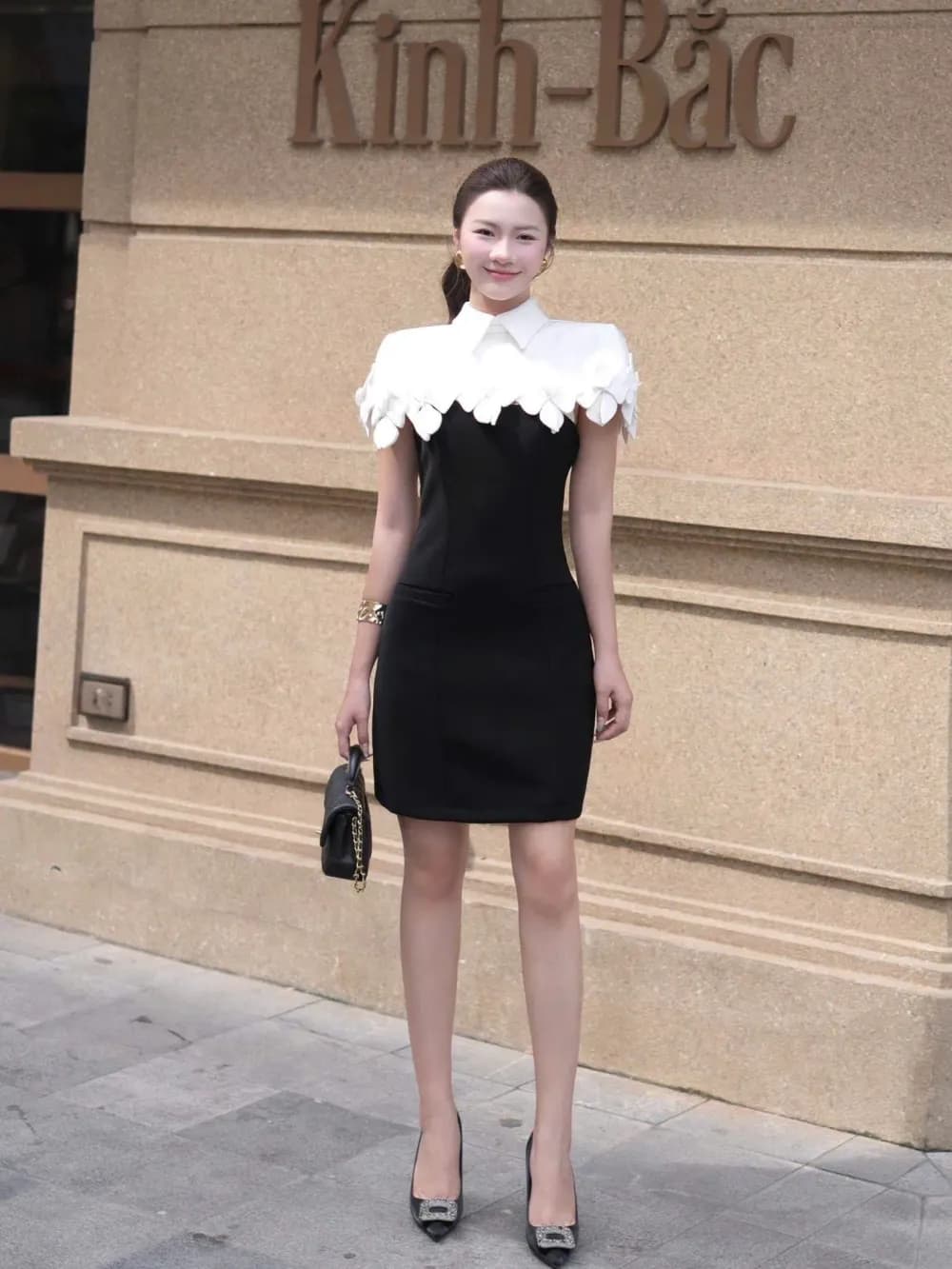 2-Strap Dress with Flower-Embellished Cape — original E.MOL photograph 1