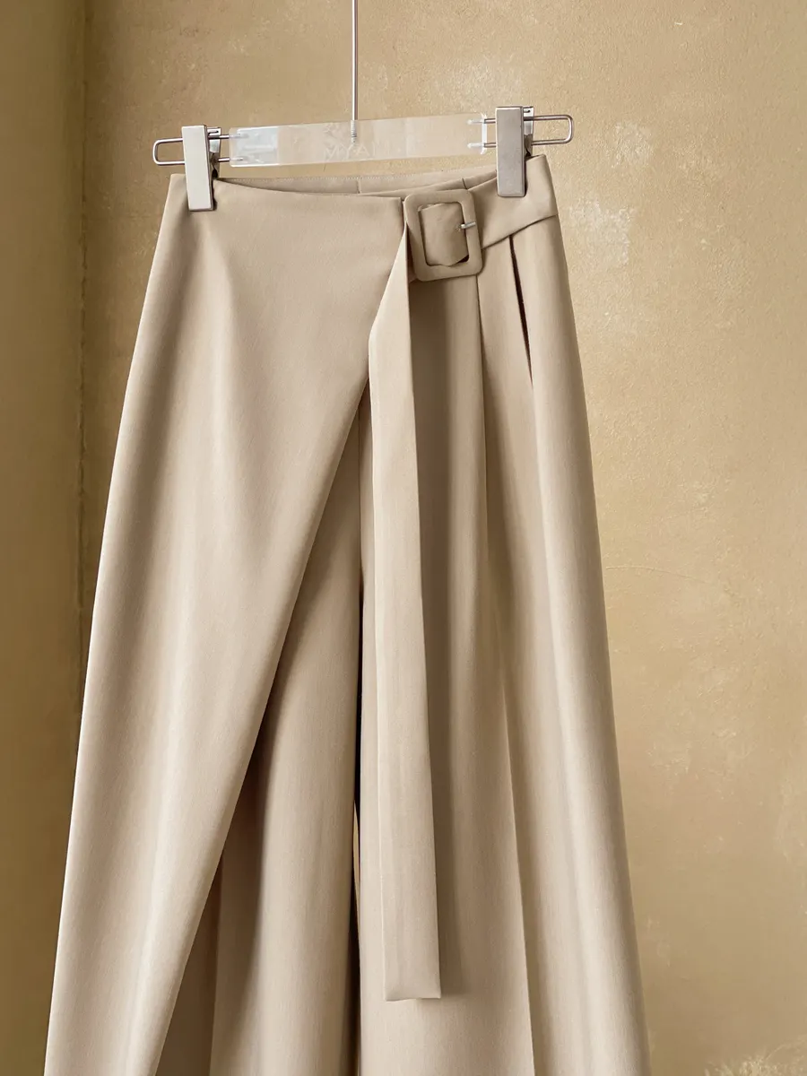 Wide-Leg Trousers with Crossover Waist Panel in Beige