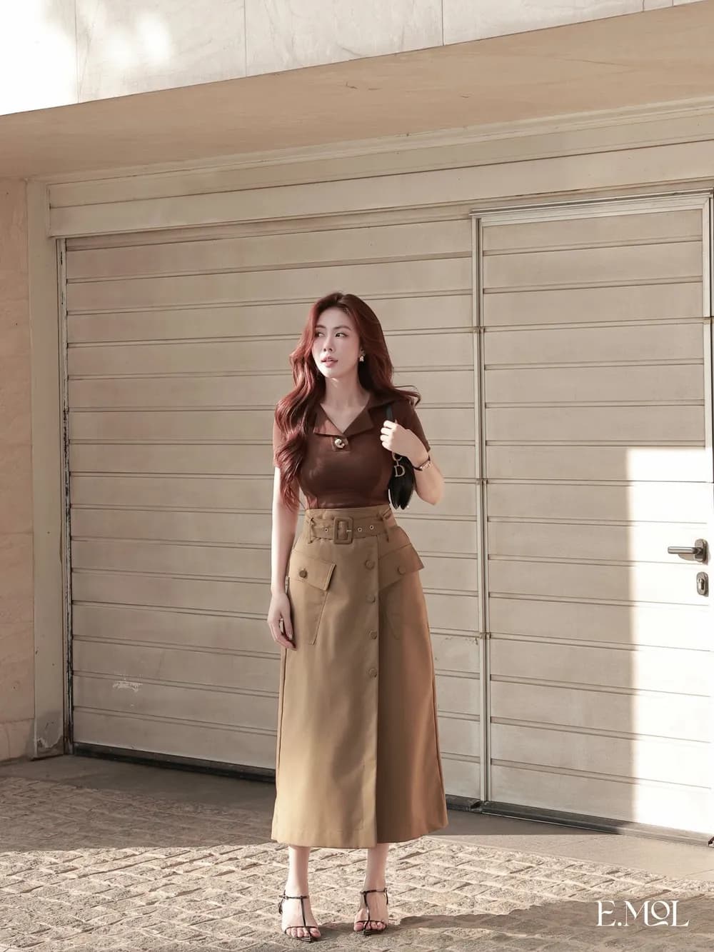 The Khaki Skirt Has A Wrap Button-Shaped Belt — original E.MOL photograph 1