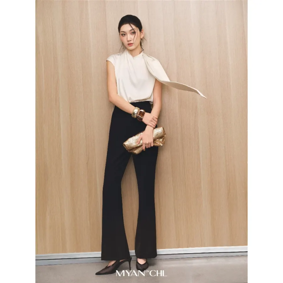 Long Sleeveless Silk Top with Tie Hem in Beige