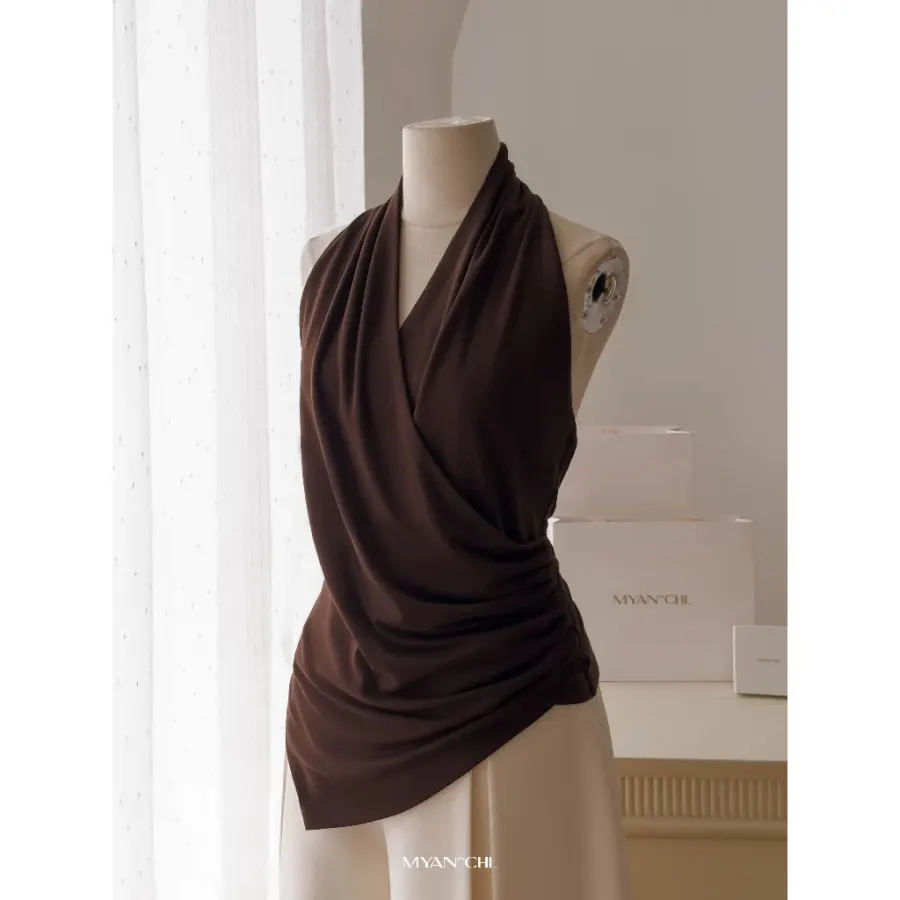 Asymmetric Draped Halter Top in Brown