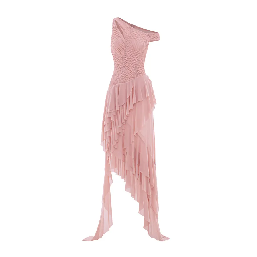 One-Shoulder Stretch Mesh Asymmetric Ruffle Dress — original MOLLYNISTA photograph 1