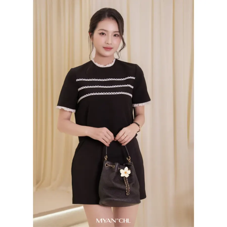 Shirt with Triple Lace Front in Black