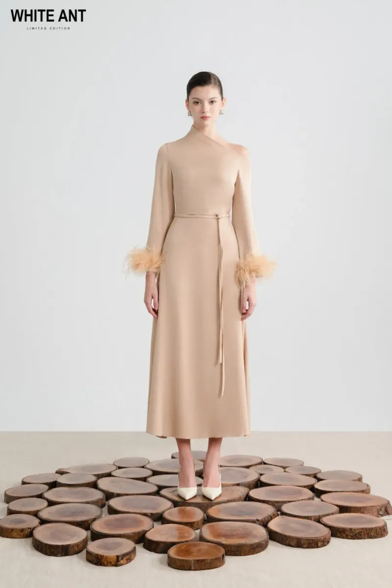 Adela One - Shoulder Feather Midi Dress — original WHITE ANT photograph 1
