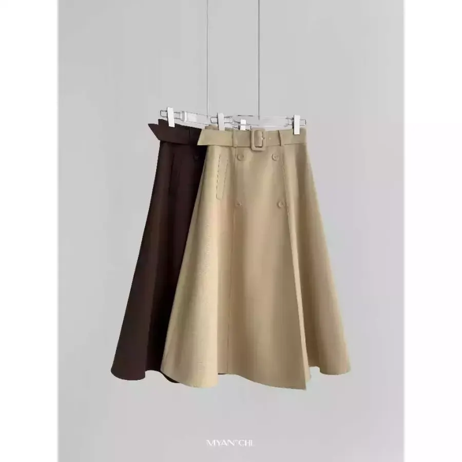 Long Khaki Suspender Skirt with Detachable Straps in Beige