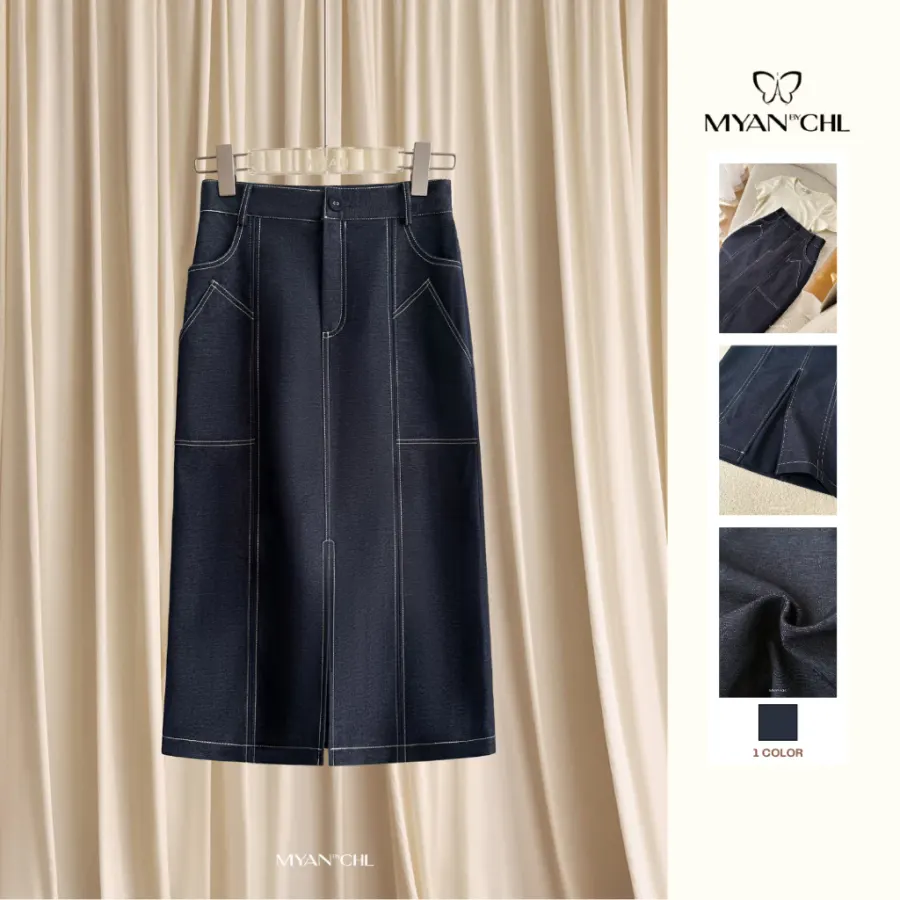 Straight Skirt with Topstitched Pockets in Blue