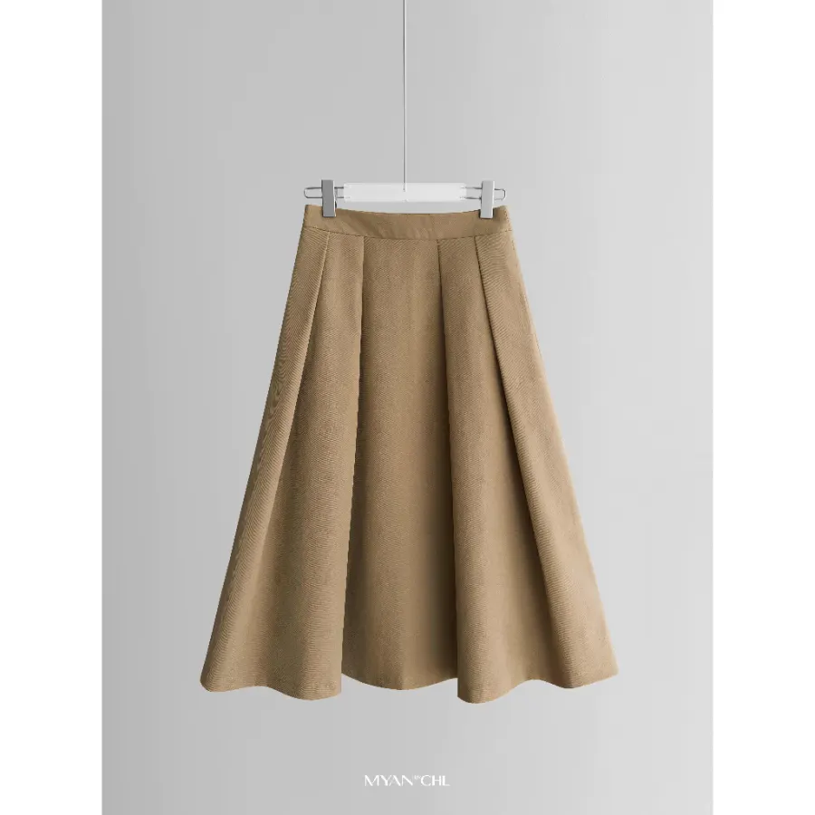 Pleated Khaki Midi Skirt in Brown