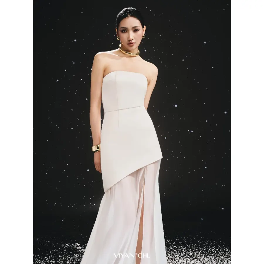 Strapless Silk Top and Full-Skirt Set in Cream
