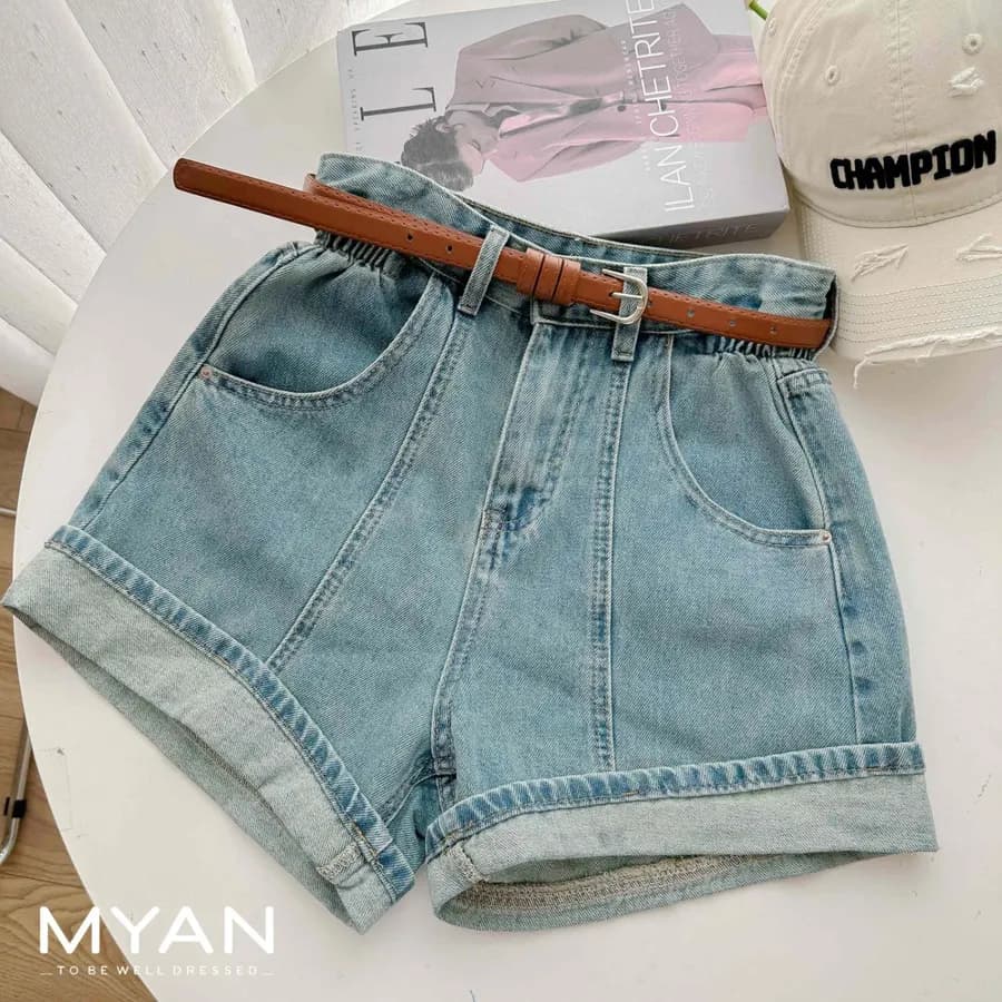 Elastic-Waist Shorts with Belt in Blue