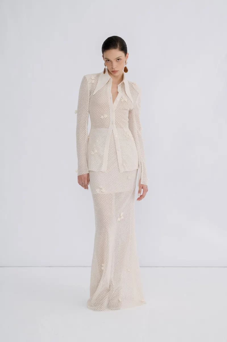 Ila Lace Embroidered Long Skirt in Beige — original WHITE ANT photograph
