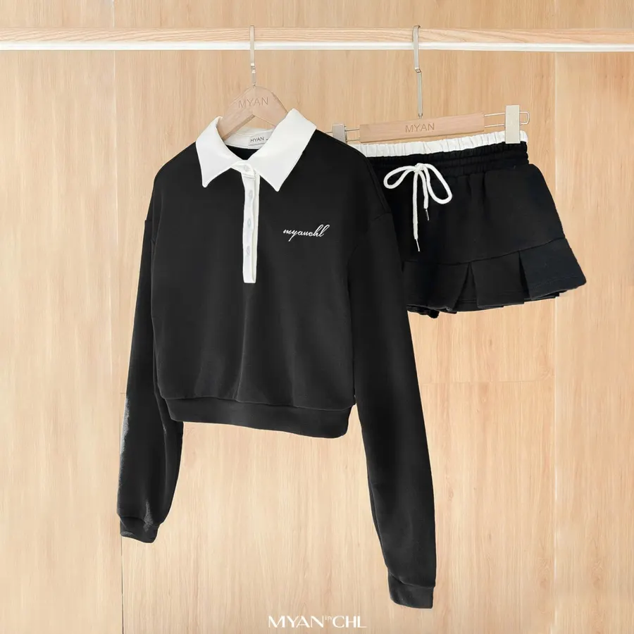 Cropped Leather-Panel Sweatshirt in Black