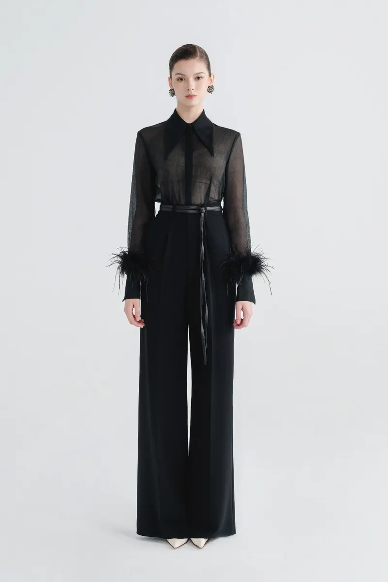 Esber Long Sleeve Feather Blouse in Black