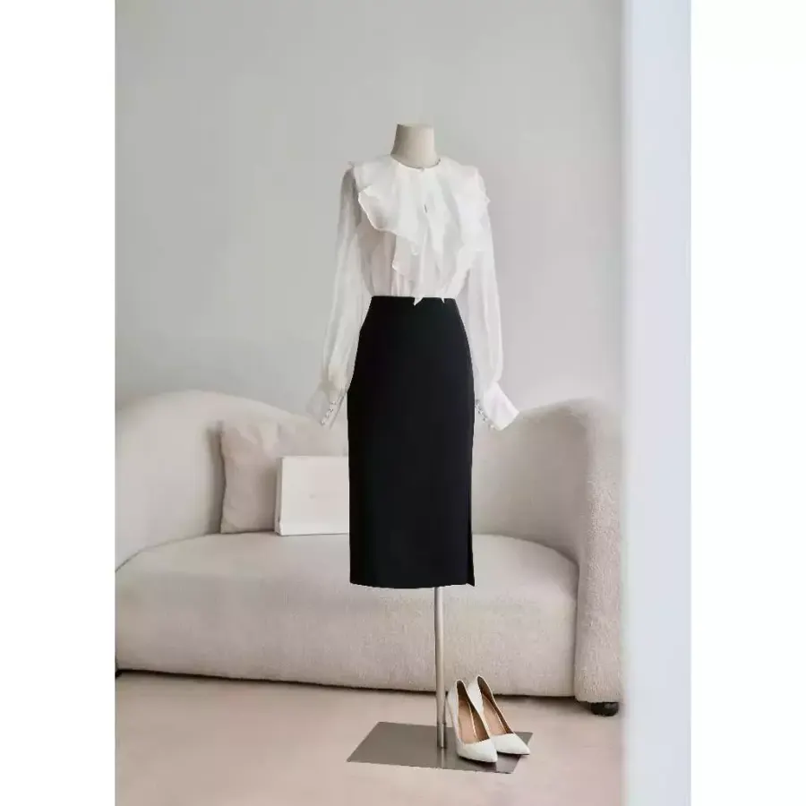Midi Pencil Skirt with Asymmetric Slit in Black