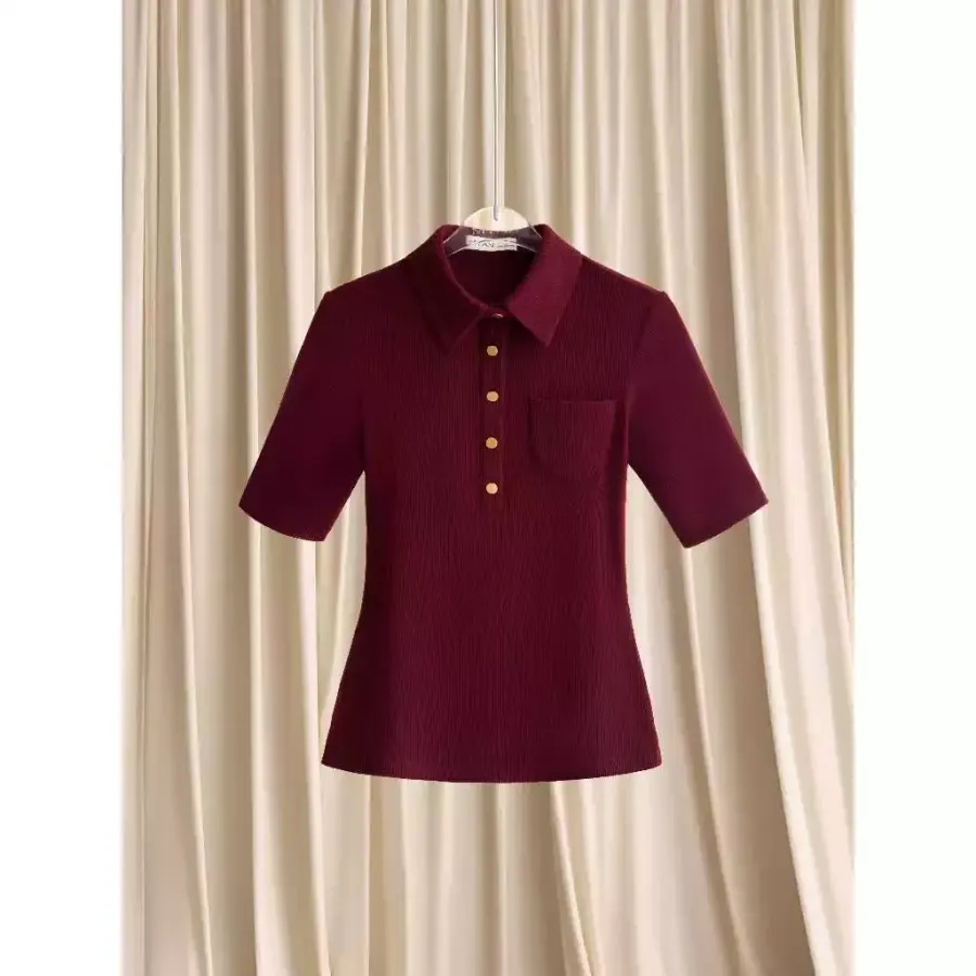 Short-Sleeve Polo Shirt with Chest Pocket in Wine