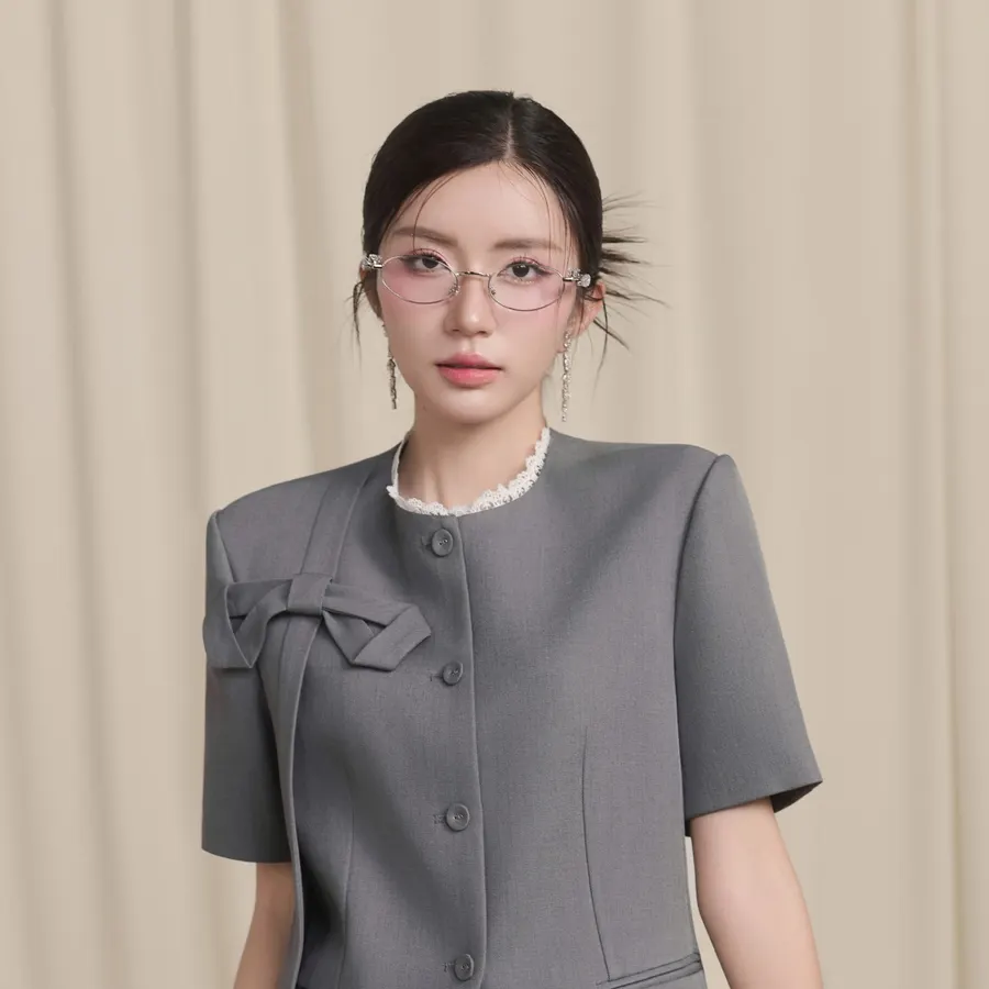 Short-Sleeve Lace-Trim Top with Oversized Bow in Grey