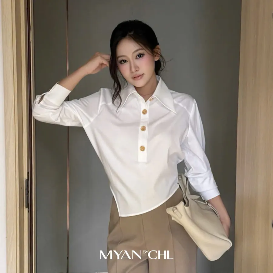 Angled-Hem Shirt with Metal Buttons in White