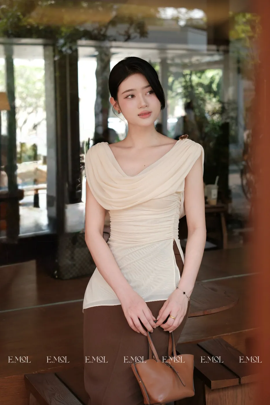 Off-The-Shoulder Draping Design Blouse with Tag Applique — original E.MOL photograph 1