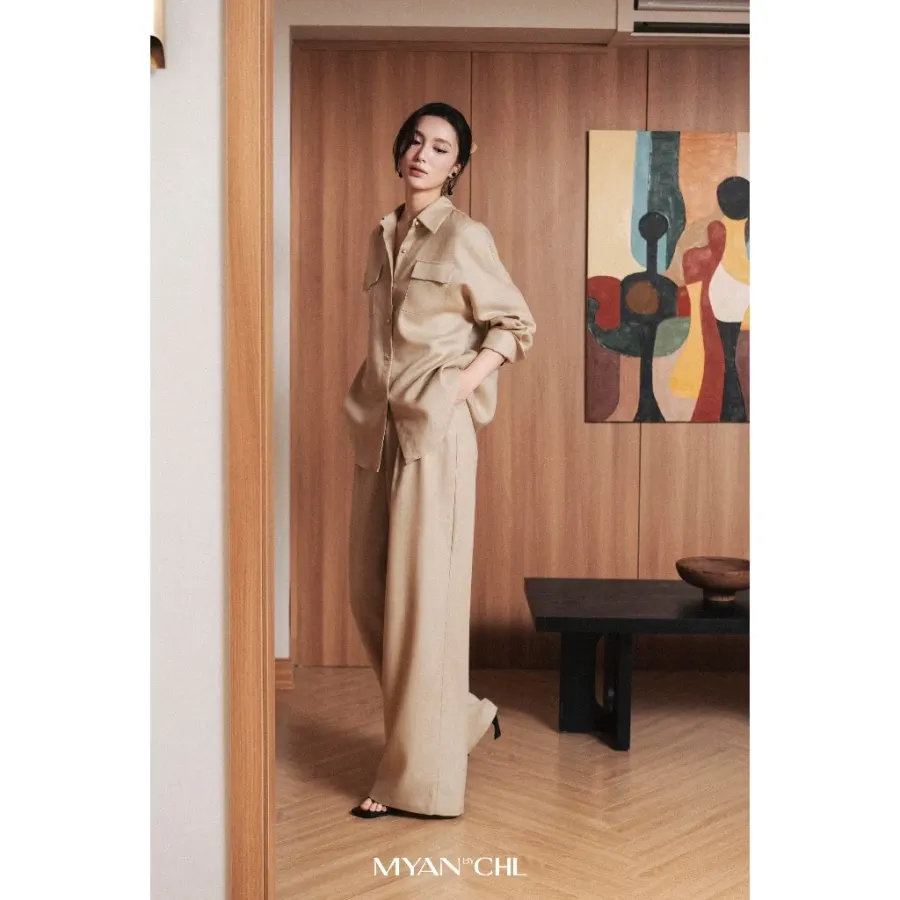 Linen Shirt and Wide Leg Pants Set in Cream