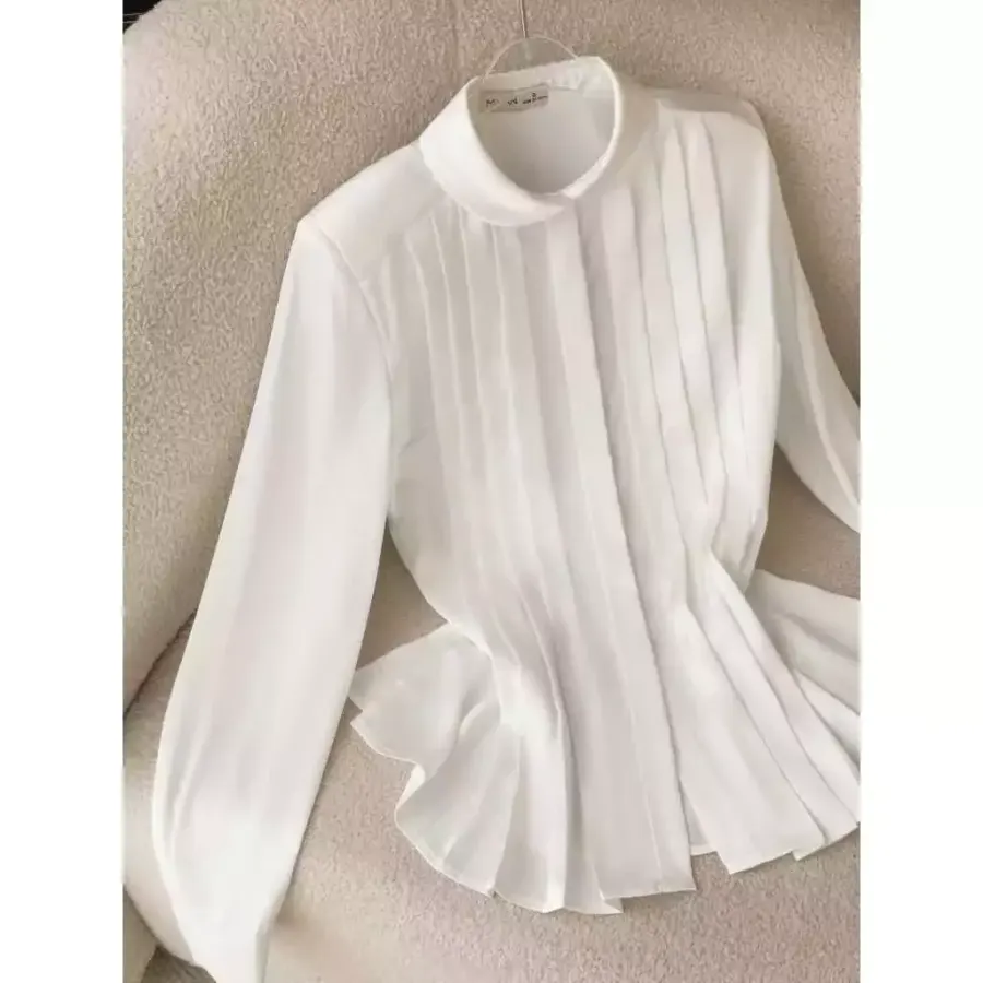 Long-Sleeve Shirt with Pleated Peter Pan Collar in White