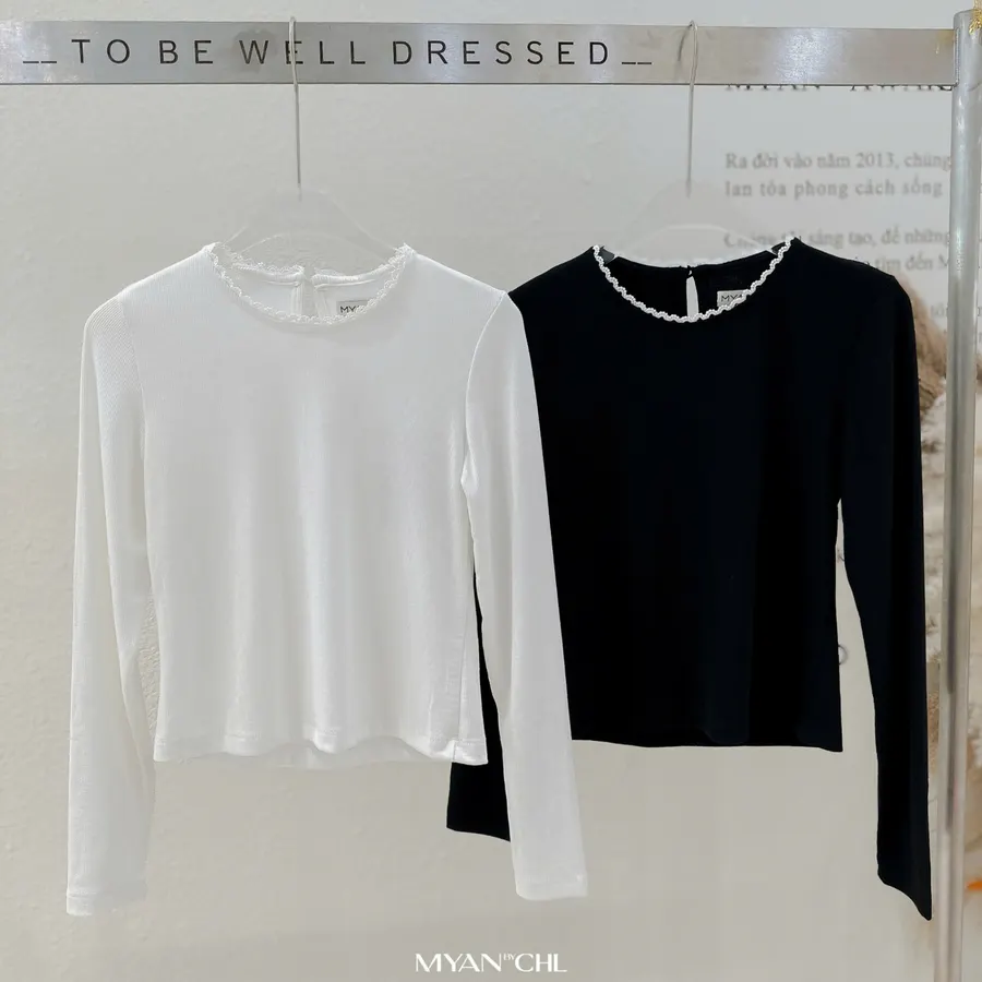 Rib-Knit Long-Sleeve Top with Lace Neckline in Black