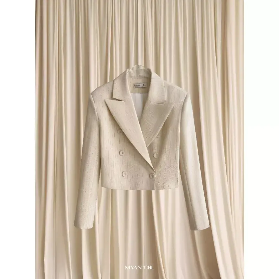 Cropped Checked Blazer in Cream