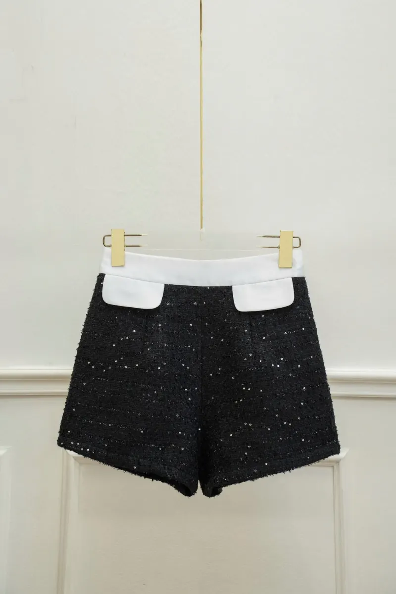 Tweed Shorts with Taffeta Waistband in Black
