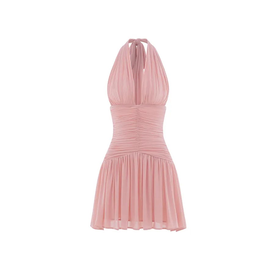 Ruched Stretch Mesh Mini Dress With Neck Bow — original MOLLYNISTA photograph 1