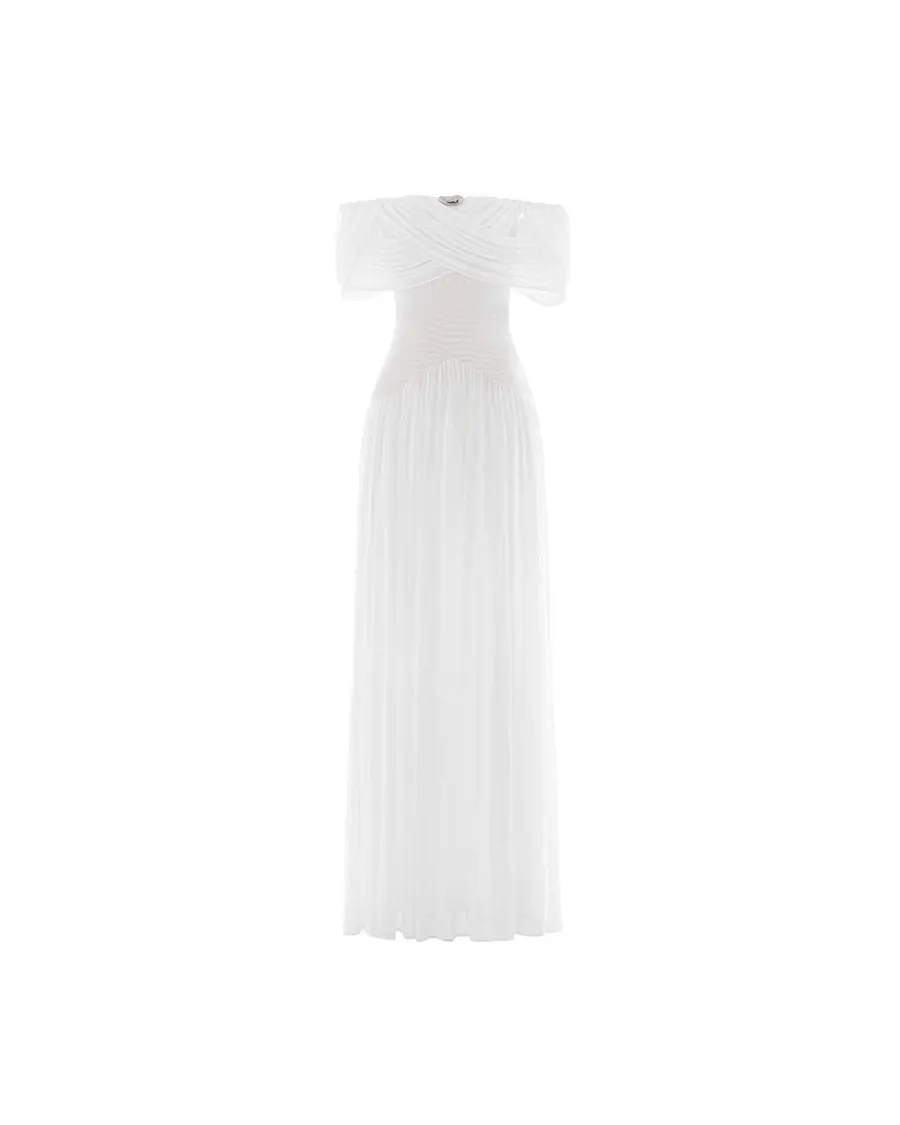 White Off-Shoulder Draped Flared Dress — original MOLLYNISTA photograph 1