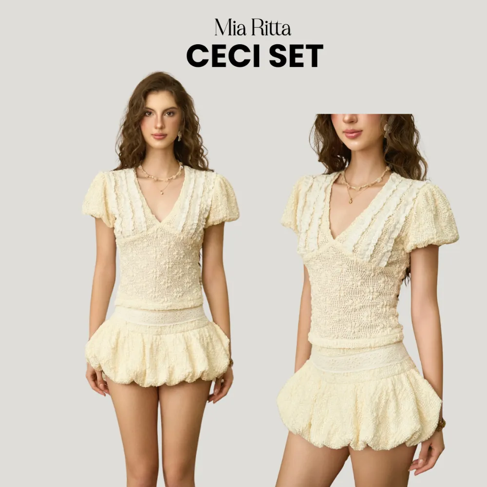(Separate Set) Ceci Set Light Yellow Floral Lace V-Neck Sleeveless Top T00015 and Light Yellow Floral Lace Squash Skirt B00011 — original MIARITTA photograph 1