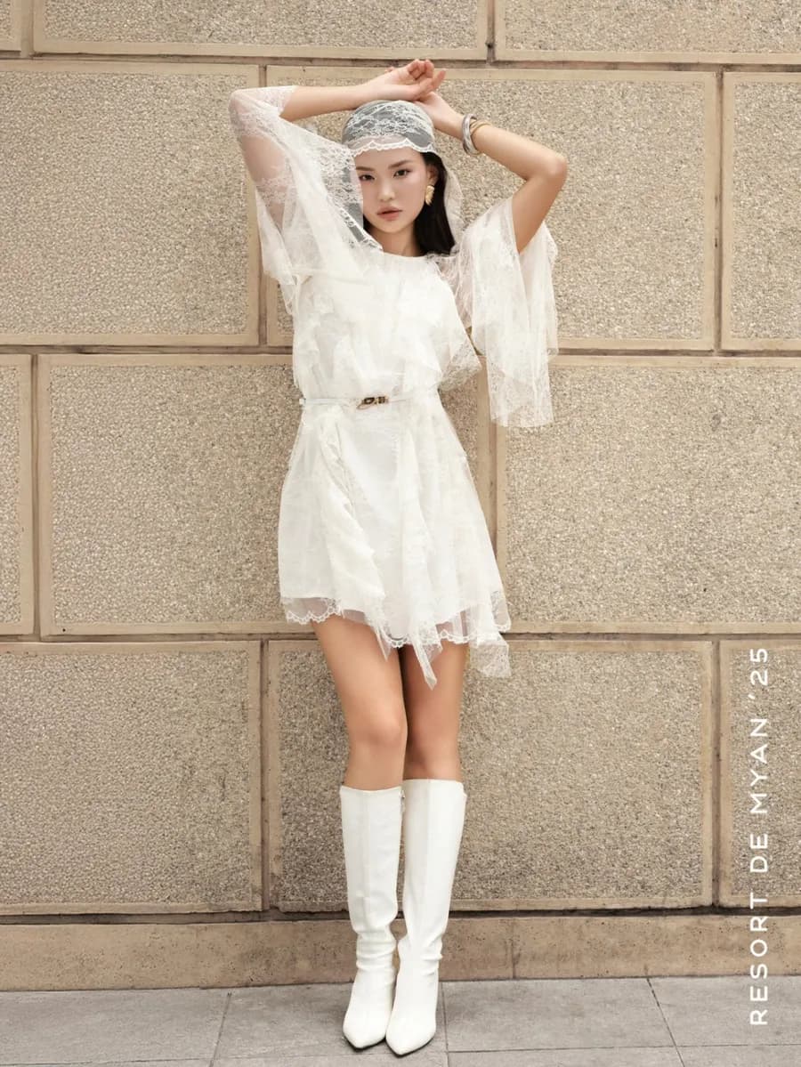 Long-Sleeve Lace Dress with Ruffle Trim in Cream