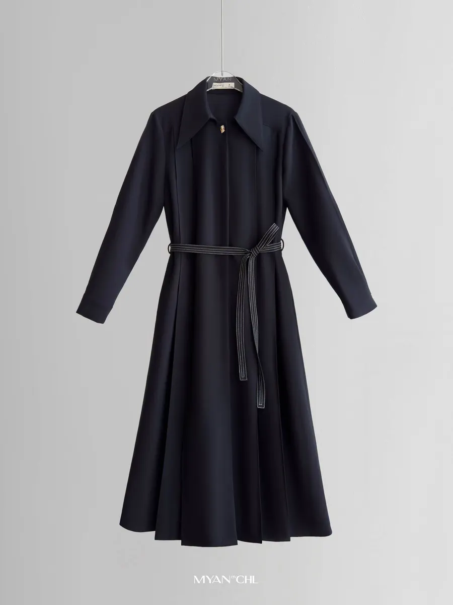 Long Pleated Shirt Dress in Blue