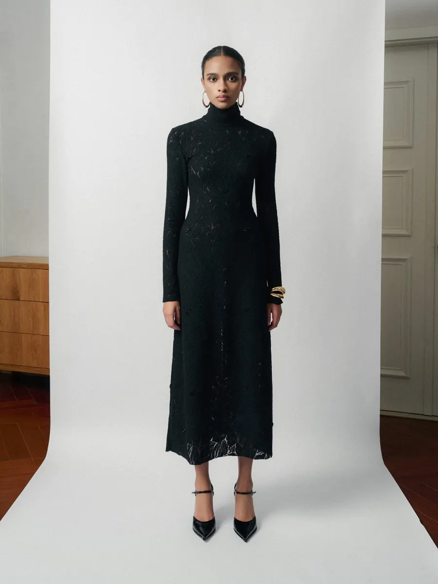 Stella Embroidered Lace Midi Dress in Black — original WHITE ANT photograph