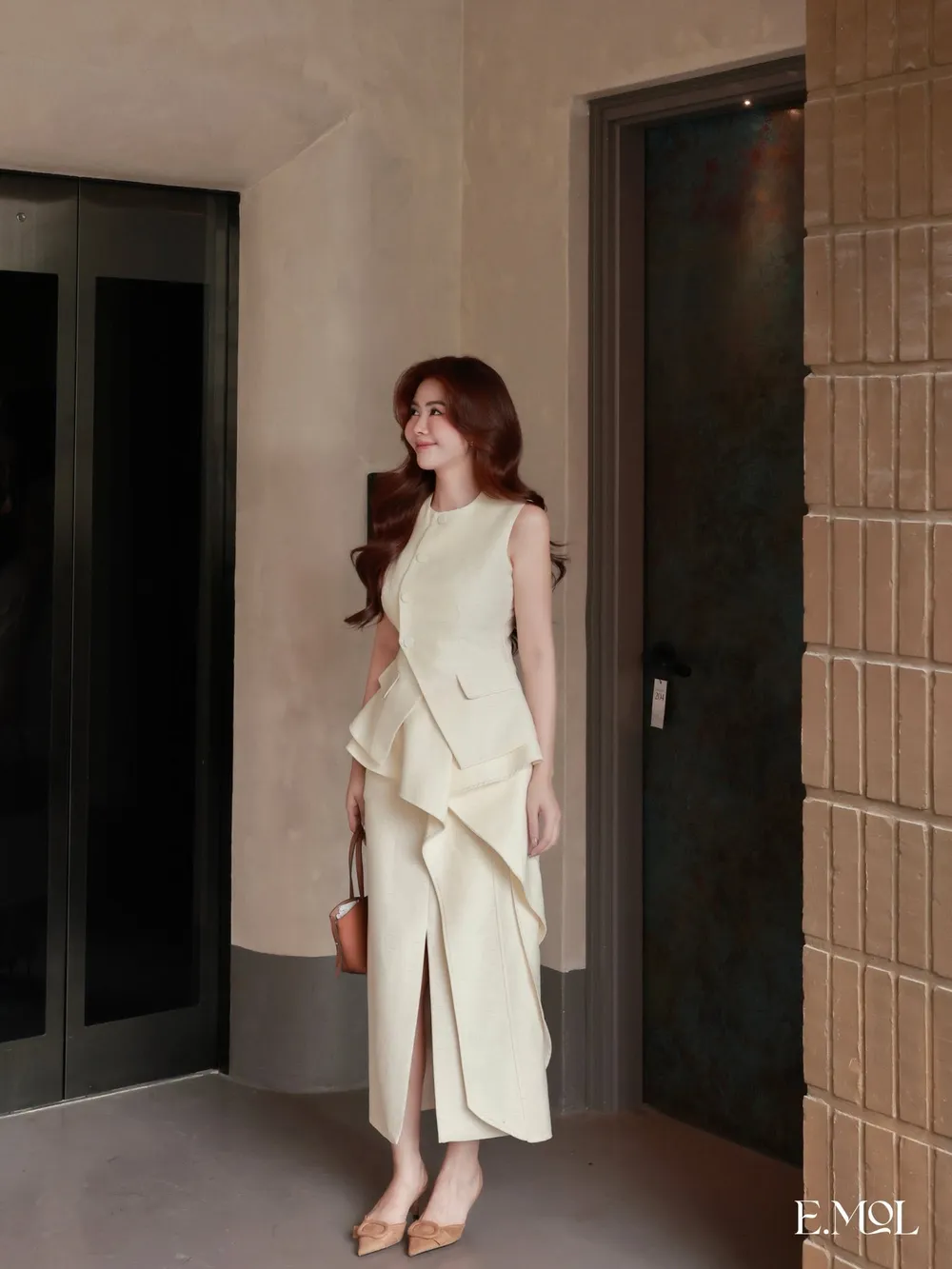 Set Of Diagonal Vest and Draped Midi Skirt — original E.MOL photograph 1