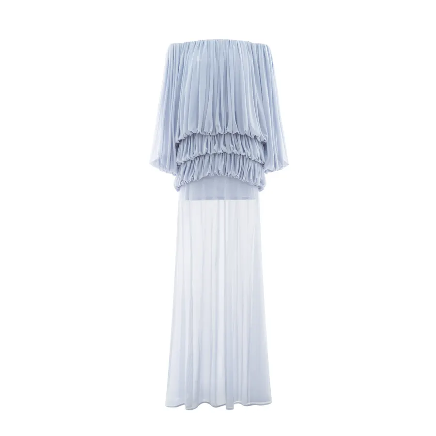 Off-Shoulder Ruched Mesh Set in Blue